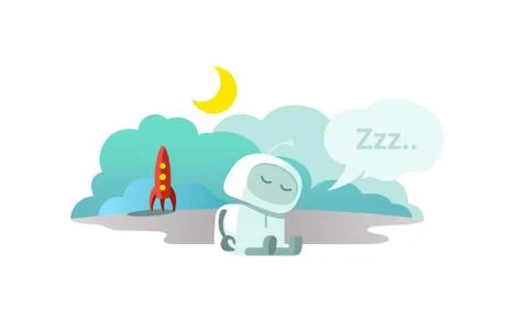 Alien The robot has arrived on rocket and is sleeping. Sleep mode Hibernation Stock Illustration