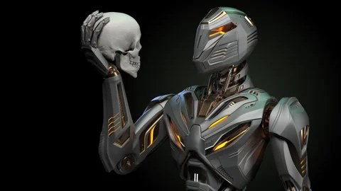 Alien robot holds human skull Stock Footage 251747038