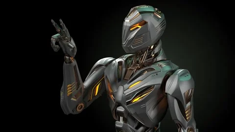 Alien robot looks at his arm Video stock 251746996