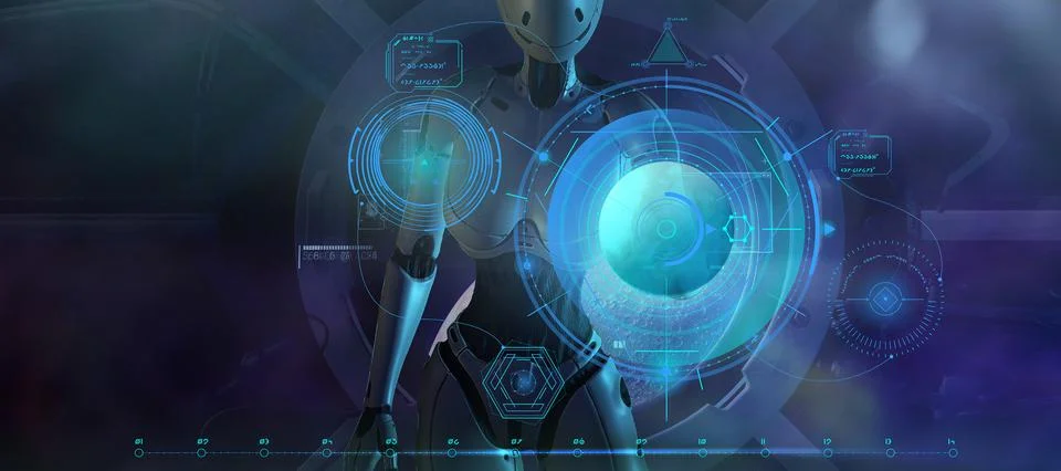 An alien robot is working with data in the orbit of the moon. Stock Illustration