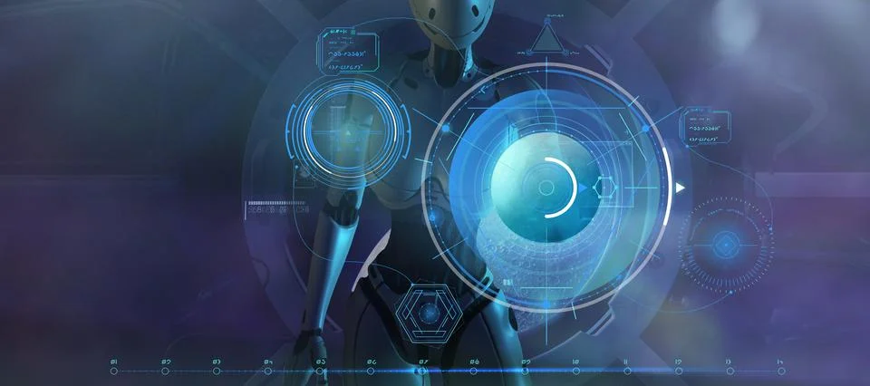 An alien robot is working with data in the orbit of the moon. 3D render Stock Illustration