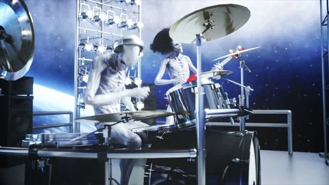 Alien rock party on space ship. Concert. Guitar, bass and drum play. Stock Footage 82281785