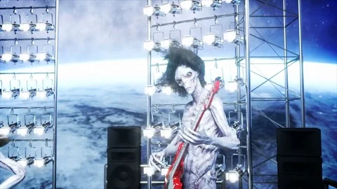 Alien rock party on space ship. Concert. Guitar, bass and drum play. Stock Footage 82285660