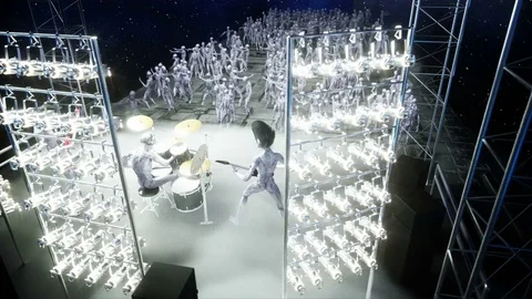 Alien rock party on space ship. Concert. Guitar, bass and drum play. Stock Footage 82288110