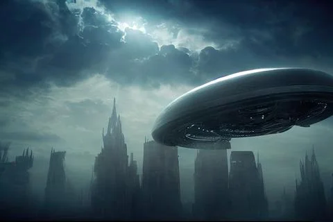 An alien saucer hovering over the city. UFO, alien invasion, unidentified flying Stock Illustration