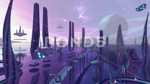 Alien sci-fi city with neon colors. 3D rendering Stock Illustration