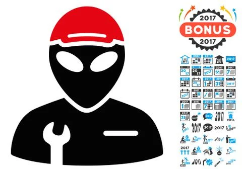 Alien Serviceman Icon with 2017 Year Bonus Symbols 스톡 일러스트