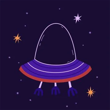 Alien ship on the background of the starry sky vector illustration. Funny UFO Stock Illustration