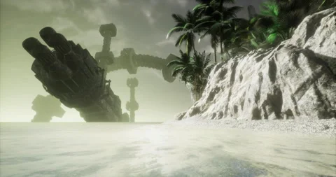 Alien ship rises from calm waters by a lush tropical setting Stock Footage 326404622