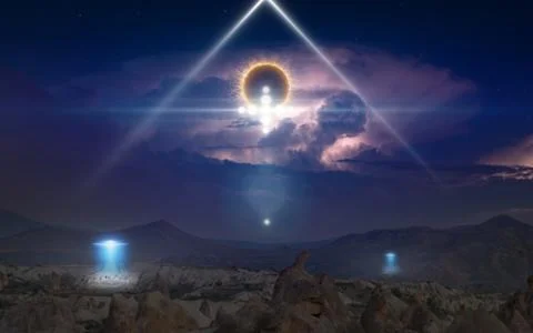 Alien ships inspect the planet's surface with bright spotlights, extraterrest Фото
