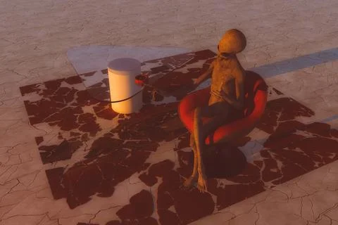 Alien sitting on the chair next to a table Stock Illustration