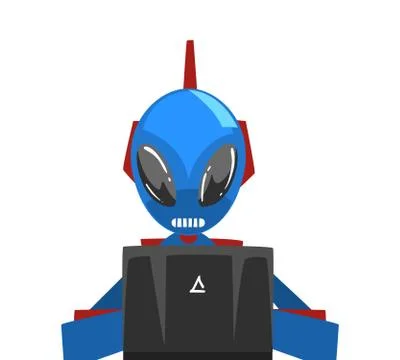 Alien Sitting in front of Computer, Robot Android Working with Laptop Stock Illustration