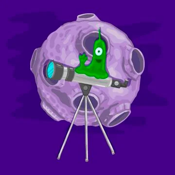 The alien is sitting on a telescope. Space exploration. Moon planet on the Stock Illustration