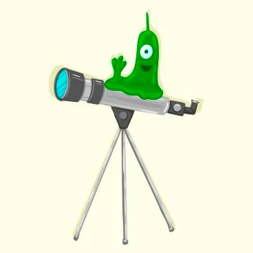 The alien is sitting on a telescope. Space exploration. Vector illustration Stock-Illustration