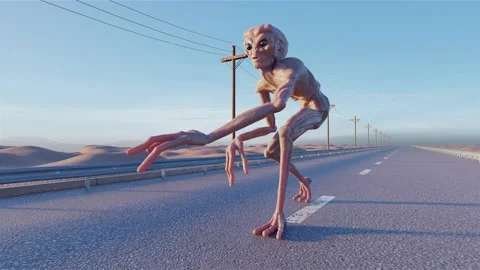 Alien sneaking and walking on the highway Stock Footage 234104554