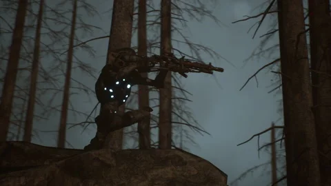 Alien sniper shoots bombs at zombies in sci-fi war 03 Stock Footage 232894929