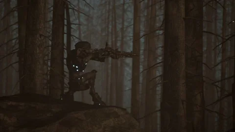 Alien sniper shoots bombs at zombies in sci-fi war 04 Stock Footage 232896048