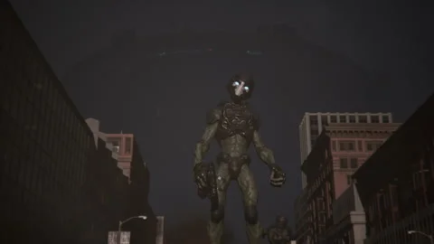 Alien soldier in alien attack and UFO in the sky Stock Footage 288953463