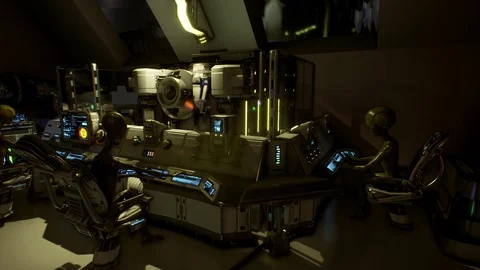 Alien soldiers are alert inside the control room following the battle Stock Footage 101710513