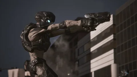 Alien soldiers begin their attack on the human city Stock Footage 288957070