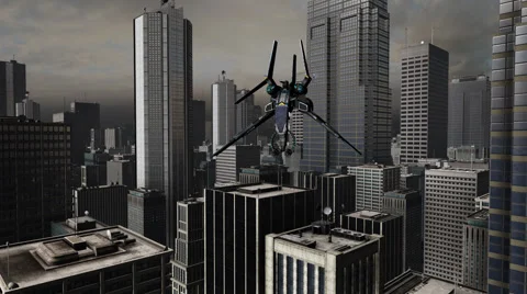 Alien Space Craft Flyby Future City Stock Footage 41587670