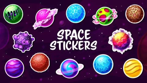 Alien space planets cartoon vector stickers pack Stock Illustration