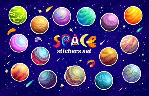 Alien space planets stickers pack, galaxy badges Stock Illustration