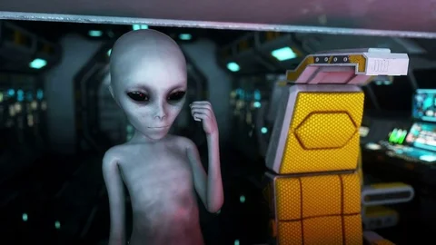 Alien in space ship. hand reaching out with Earth planet. UFO futuristic concept Stockbeeldmateriaal 71940397