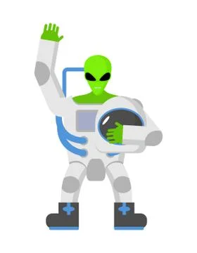 Alien in space suit. UFO replaced astronaut. Space invader Illustrazione stock