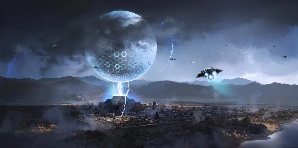 Alien spacecraft appeared over ancient cities,Science fiction illustration. Stock Illustration