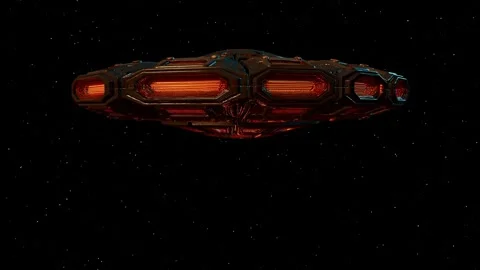 Alien spacecraft with glowing orange lights flying through space 4K Stock Footage 340154154