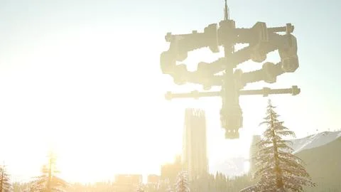 Alien spacecraft is hovering above the city Ilustração Stock