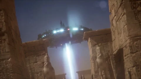 Alien Spacecraft Illuminate the Sky Above an Ancient Temple Courtyard Stock Footage 291398187