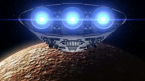 Alien spaceship is approaching Mercury. Bright engines flashing, 3d animation Vídeo Stock 85070349
