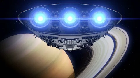Alien spaceship is approaching Saturn. Bright engines flashing, 3d animation 스톡 동영상 85070435