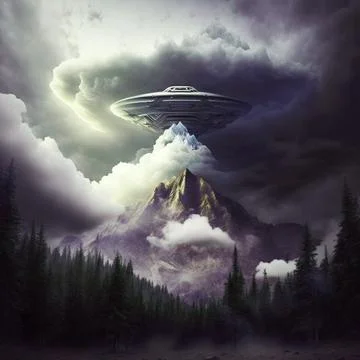 Alien spaceship behind a mountain Stock Illustration