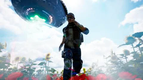 An alien spaceship chases a man running through a flower field. 3D Rendering. Stock Illustration