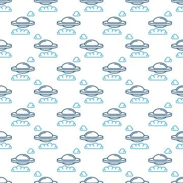Alien Spaceship in Clouds vector concept outline seamless pattern 스톡 일러스트