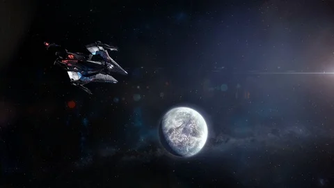 Alien Spaceship Continuing Approach to Planet Stock Footage 91065638