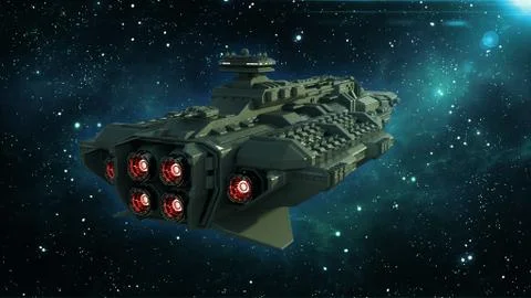 Alien spaceship in deep space, spacecraft flying in the Universe, UFO rear view Stock Illustration