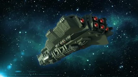 Alien spaceship in deep space, spacecraft in the Universe, UFO rear bottom view Stock Illustration