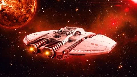 Alien spaceship in deep space, UFO spacecraft flying in the Universe, rear view Stock Illustration