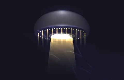 Alien spaceship emitting light beam in the blue sky. Ufo Uap concept Stock Illustration