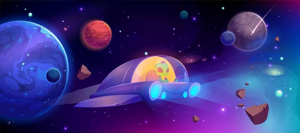Alien spaceship flying in cosmos between planets Stock Illustration