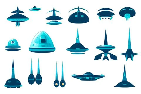 Alien spaceship game icons set. Funny flying rockets, ufo shuttles cartoon. Stock Illustration