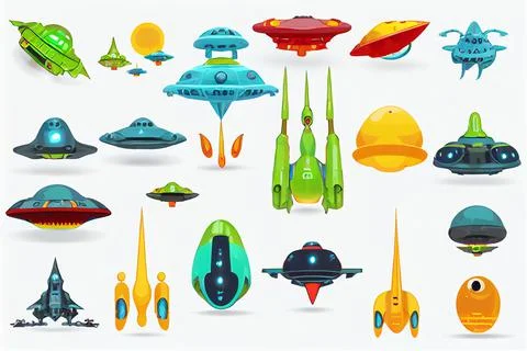 Alien spaceship game icons set. Funny flying rockets, ufo shuttles cartoon. Stock Illustration