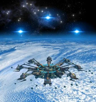 Alien spaceship invading Earth Stock Illustration