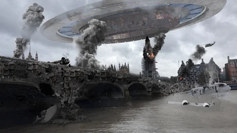 Alien Spaceship Invasion over Destroyed London City Illustrattion Stock Footage