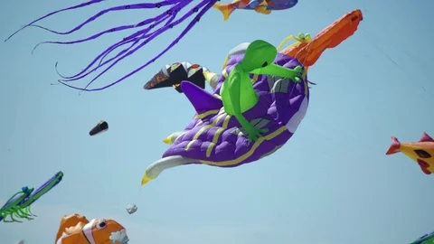 Alien spaceship kite flying over cape fear kite festival at ft fisher Stock Footage 97769407