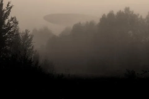 Alien spaceship over foggy forest Stock Photos